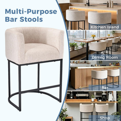 DUMOS Barrel Bar Stools Set of 4, Modern Counter Height Barstools with Linen Fabric Upholstered Seat, 350lbs Capacity Kitchen Island Chair, Bar Stools with Metal Sled Base and Footrest, Oatmeal