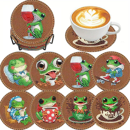 Clendo 8 PCS Coffee Frog Diamond Art Coaster Kits with Holder - Diamond Painting for Adults Beginners - 5D Gem Art Dots Paintings with Cork Pads - Crafts Supplies