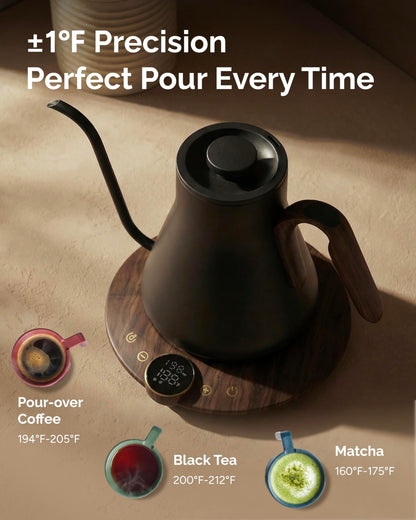 INTASTING Gooseneck Electric Kettle, ±1℉ Temperature Control, Stainless Steel Inner, Quick Heating, for Pour Over Coffee, Brew Tea, Boil Hot Water, 1500W/0.9L (Glossy Black)