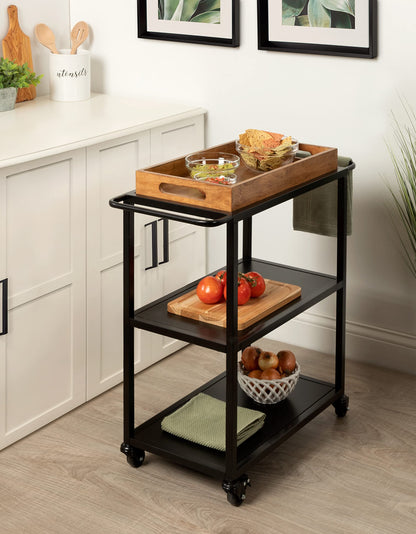 Kate and Laurel Giles Modern Bar Cart; 28 x 13 x 30; Rustic Brown and Black; Decorative Farmhouse Two-Tier Bar Carts with Locking Wheels for Serving; Storage; and Display