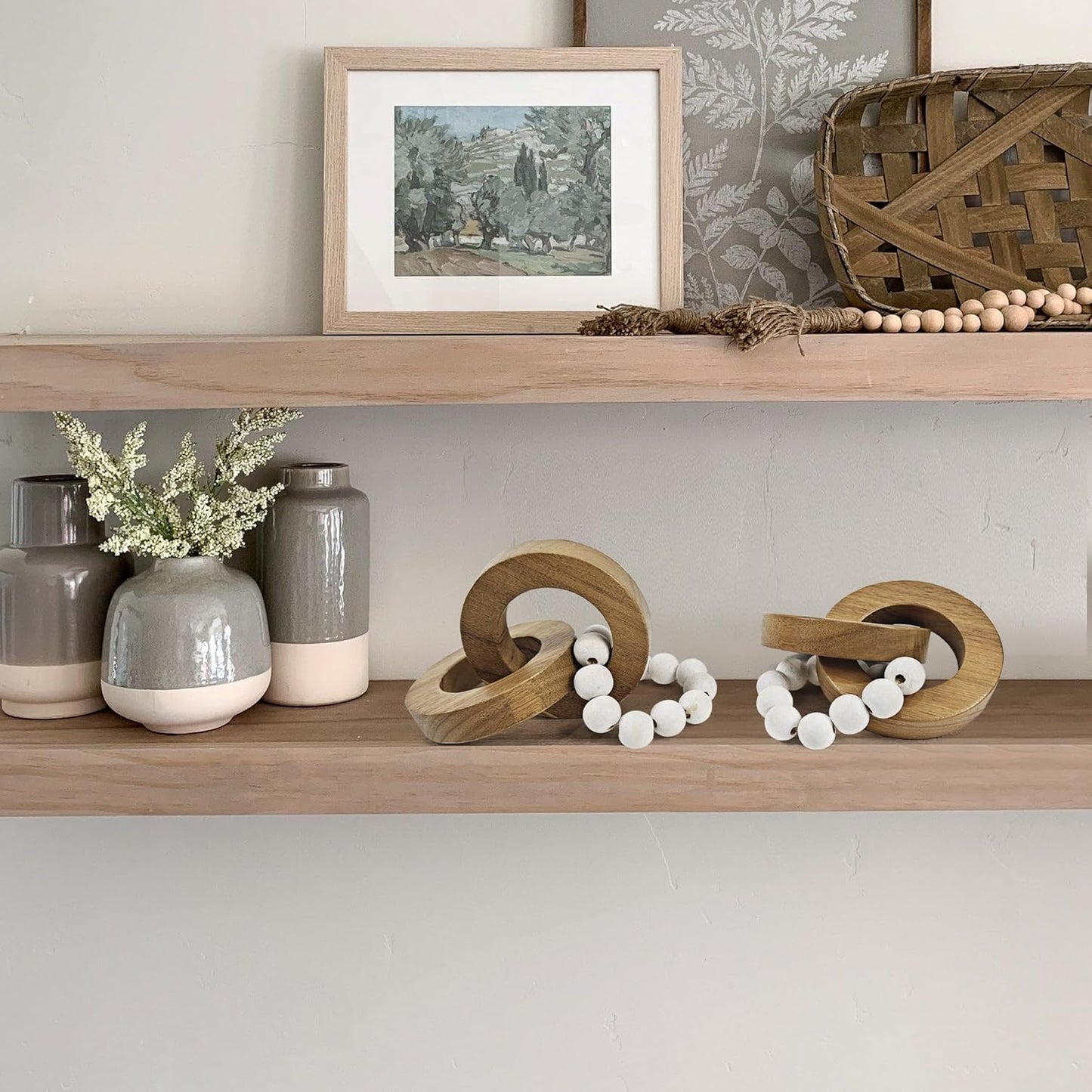 2pcs Oakrain Wood Chain Link Decor, Minimalist Home Dcor Accents, Natural Boho Farmhouse Rustic Handmade Wood Knot