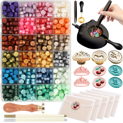 Wax Seal Electric Kit with 24 Colors Wax Seal Beads 600pcs, 3pcs (Cherry/Heart Crown/Lily of the valley) Stamps with Electric Warmer Set for Sealing Invitation, Christmas, Gift Wrapping (3D Stamp Kit)
