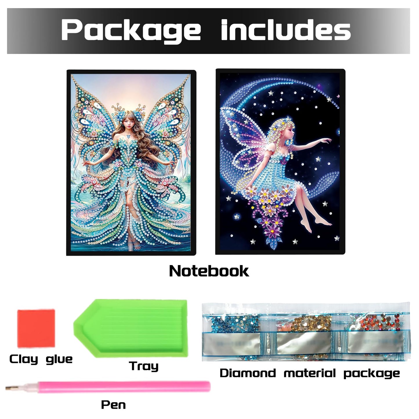 JISHSHAY 2 PCS Diamond Art Notebook Journal Fairy Elf Diamond Painting Note Book Gem Art Sketchbook Mosaic Kits for Adults Diary Gem Painting Leather Journal A5 Notebook with Special Shaped Drills
