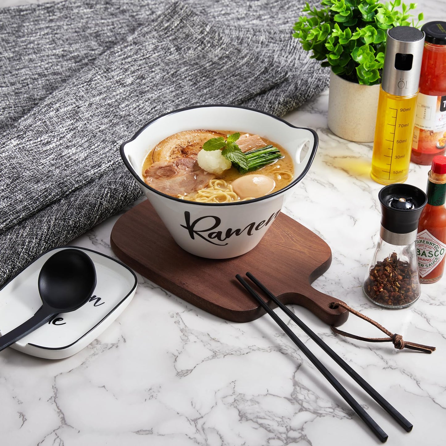 DAYYET Ceramic Ramen Bowl with Chopsticks and Spoon, 26 oz Farmhouse Deep Japanese Noodle Bowl for Udon, Soba, Pho, Rice and Soup, Microwave and Dishwasher Safe, White