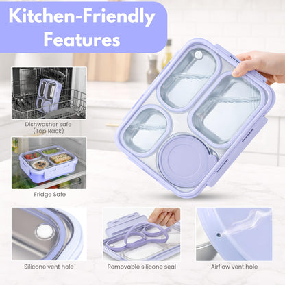 Homaze Kids Stainless Steel Bento Lunch Box, 4-Compartment Food Container with Condiment Cup, Chopsticks and Spoon, Leak-Resistant (Purple)