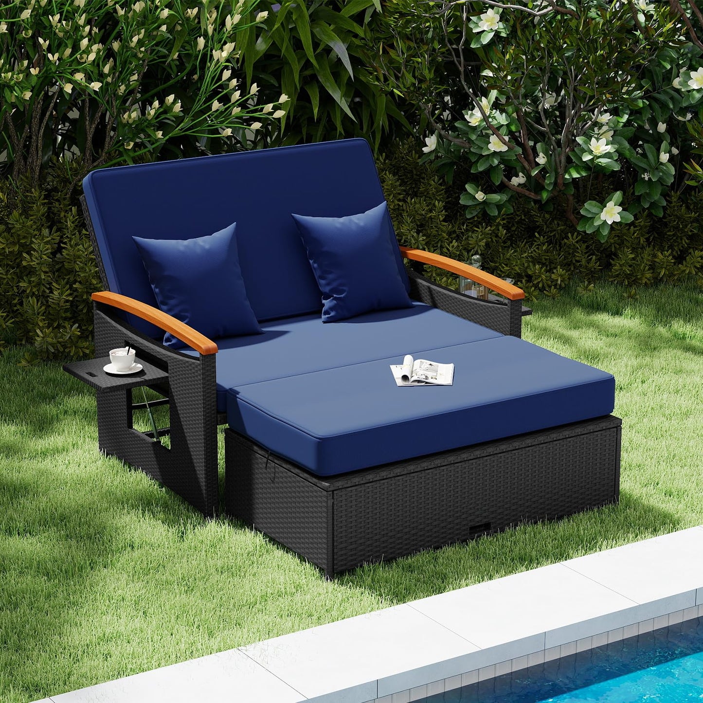 Tangkula Patio Rattan Daybed with 4-Level Adjustable Backrest, Outdoor Wicker Loveseat with Acacia Wood Armrest, Storage Ottoman & Folding Tray, Double Sunbed for Yard & Poolside (Navy & Black)