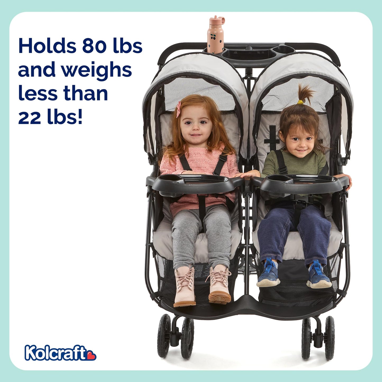 Kolcraft Cloud Plus Lightweight Double Stroller Side-by-Side for Infant Toddler, Compact Folding Travel System with Reclining Seats, Canopies, Storage Basket, Trays, Easy Maneuver - Slate Gray