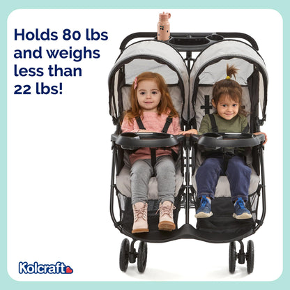 Kolcraft Cloud Plus Lightweight Double Stroller Side-by-Side for Infant Toddler, Compact Folding Travel System with Reclining Seats, Canopies, Storage Basket, Trays, Easy Maneuver - Slate Gray