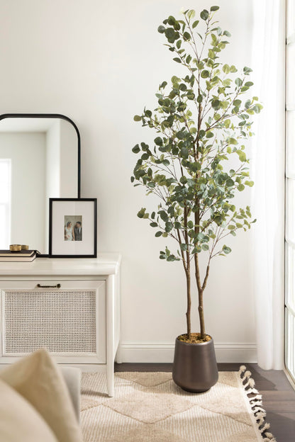 Kate and Laurel Oliveira Faux Olive Tree with Portell Metal Planter Pot, 7 FT, Gunmetal, Potted Artificial Olive Plant Tree with Realistic Foliage and Added Moss, Fake Plant Living Room Decor