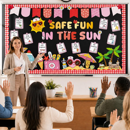 Safe Fun in the Sun Bulletin Board Set Summer Sun Classroom Decorations Tropical Hawaiian Classroom Sunshine Safety Paper Cutouts for Summer Back to School Teachers Chalkboard Wall Door Decor