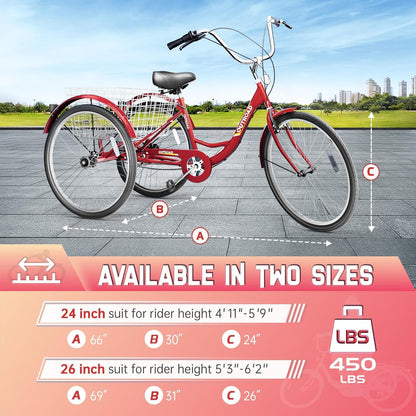 Brightpeak 24-Inch Adult Tricycle with 7 Speeds & Large Rear Basket, Perfect for Seniors & Leisurely Outings (Red)