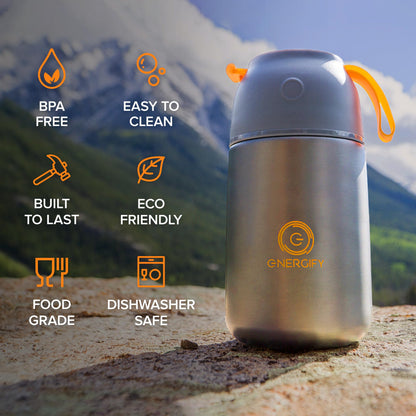 ENERGIFY Vacuum Insulated Food Jar. Large 24oz Bowl incl. Folding Spoon, Cup. Wide Mouth Keep Hot & Cold Drinks Soup Lunch Container for Adults. BPA-Free Stainless Steel, Leak Proof Grey