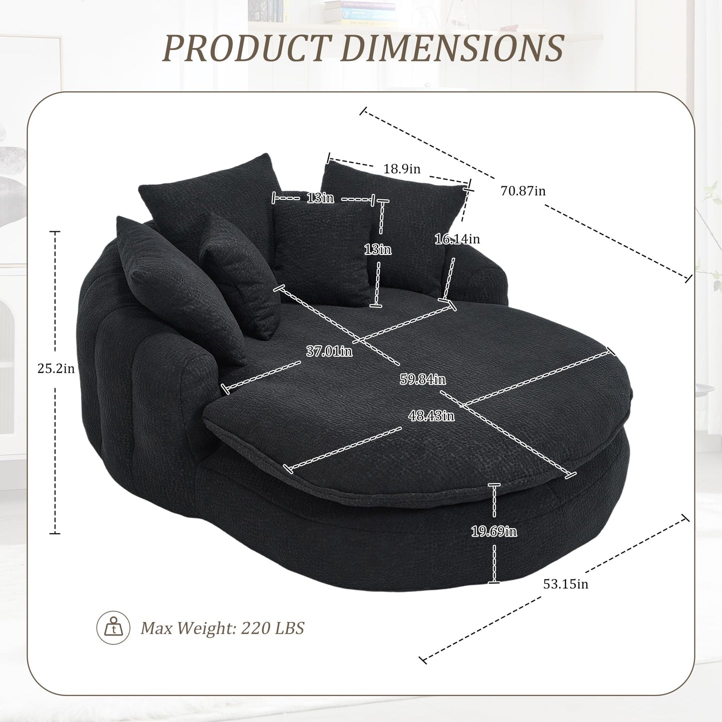 Oversized Oval Bean Bag Sofa, Chenille Fabric Floor Lounger with 5 Pillows and Wrap-Around Backrest for Adults, Large Lazy Sofa for Living Room and Game Room, Black