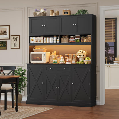 HIFIT 72.8” LED Kitchen Pantry Cabinet with Charging Station, 55” Wide Pantry Storage Cabinet with Large Countertop&Shelves&Drawers, Farmhouse Kitchen Hutch Coffee Bar for Living Room, Black