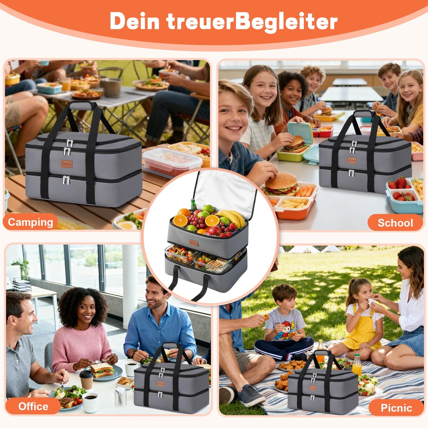 BlissfulSGDM Insulated Casserole Carrier, Double Decker Food Carriers for Hot or Cold Food, Portable Leakproof Thermal Bag for Travel/Potluck Parties/Picnic/Cookouts(Grey)
