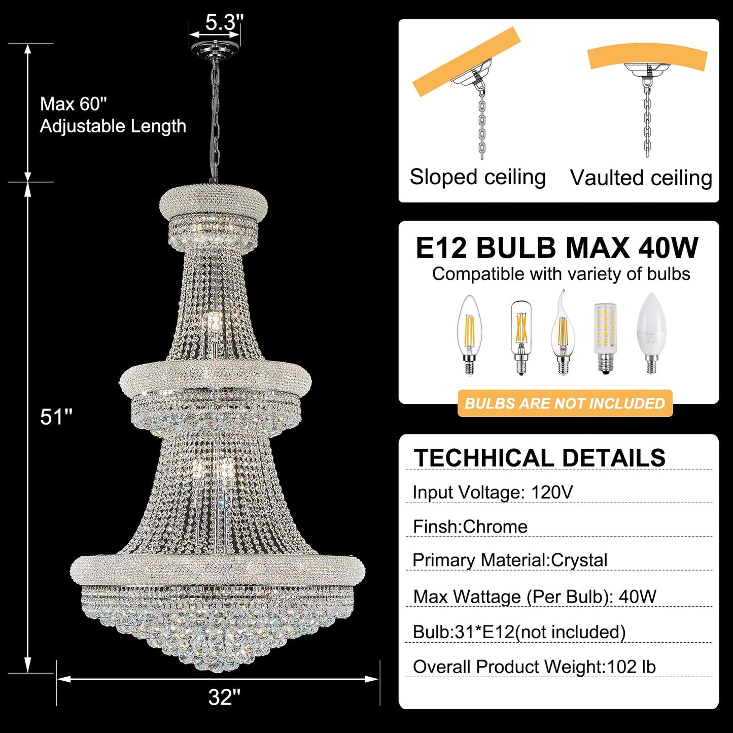 Homeooze 31 - Light Large Empire Crystal Chandelier for High Ceiling Foyer Entryway Staircase Living Room Dining Room Chrome Finish