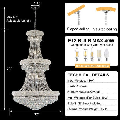 Homeooze 31 - Light Large Empire Crystal Chandelier for High Ceiling Foyer Entryway Staircase Living Room Dining Room Chrome Finish