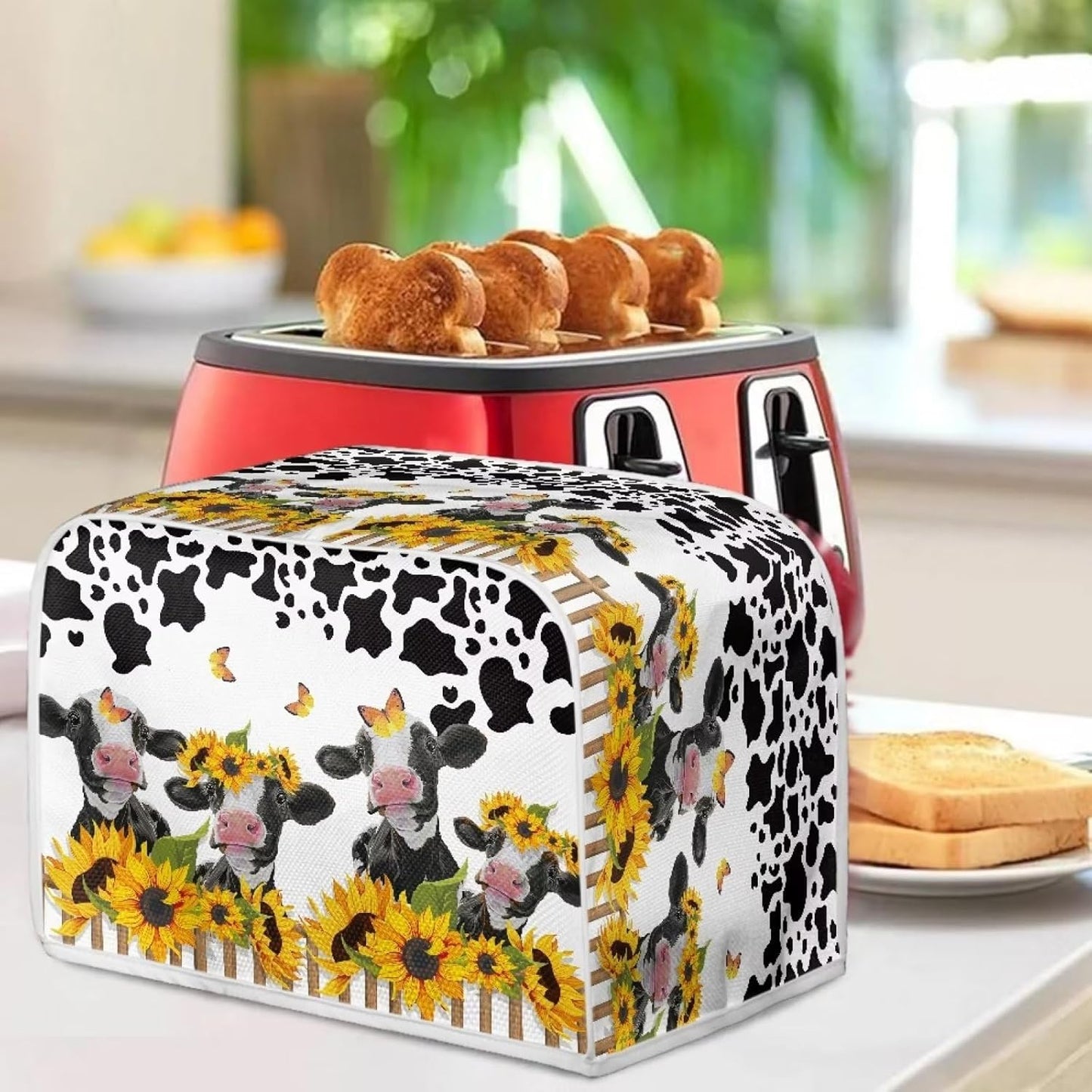 UNICEU Sunflower Farm Cow Animal 4 Slice Quilted Toaster Cover, Dust-proof Kitchen Small Appliance Cover