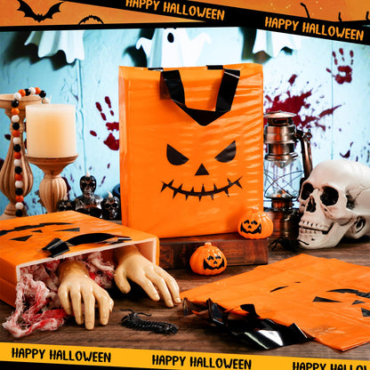 Gersoniel 48 Pcs Halloween Plastic Gift Bags with Handle Treat or Trick Pumpkin Tote Bags Candy Goodie Bag for Home Treat or Trick Halloween Party Favor Supplies Decorations