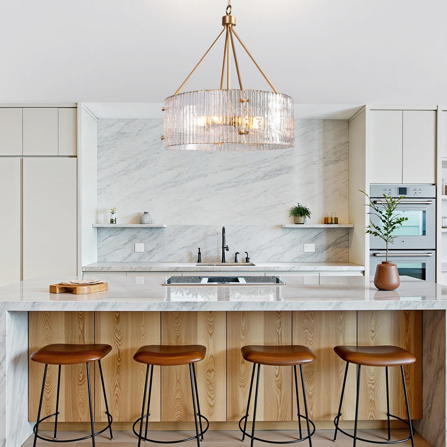 Obihivlo Gold Patterned Glass Chandeliers for Dining Room, D23'' Modern Drum Crystal Chandelier, 6-Light Farmhouse Pendant Hanging Ceiling Fixture for Kitchen Island Living Room Foyer Bedroom (E26)