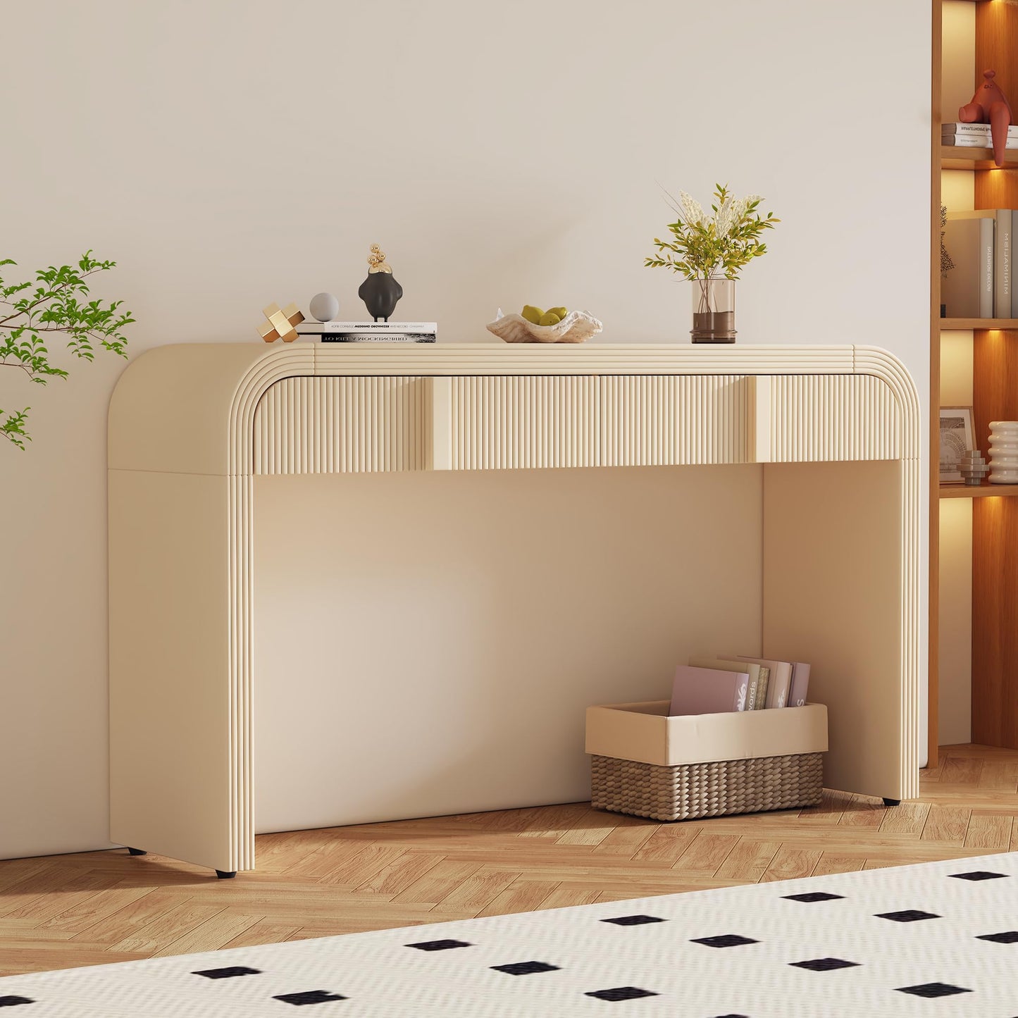 Ball & Cast 55" Rounded Silhouette Console Table,Mordern Sofa Table Behind Couch, Narrow Entryway Table with Two Drawers for Hallway,Living Room,Foyer,Apricot Cream
