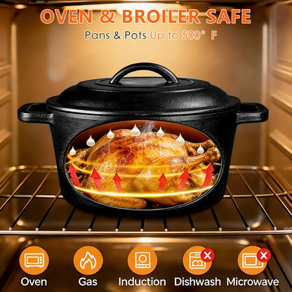 Asderote 6 Piece Pre-Seasoned Cast Iron Cookware Set – Incl. 5QT Dutch Oven with Lid, 8'' and 10.25'' Cast Iron Skillets, 10.5'' Round Griddle, and a Square Grill Pan for Kitchen, Stovetop, & Camping