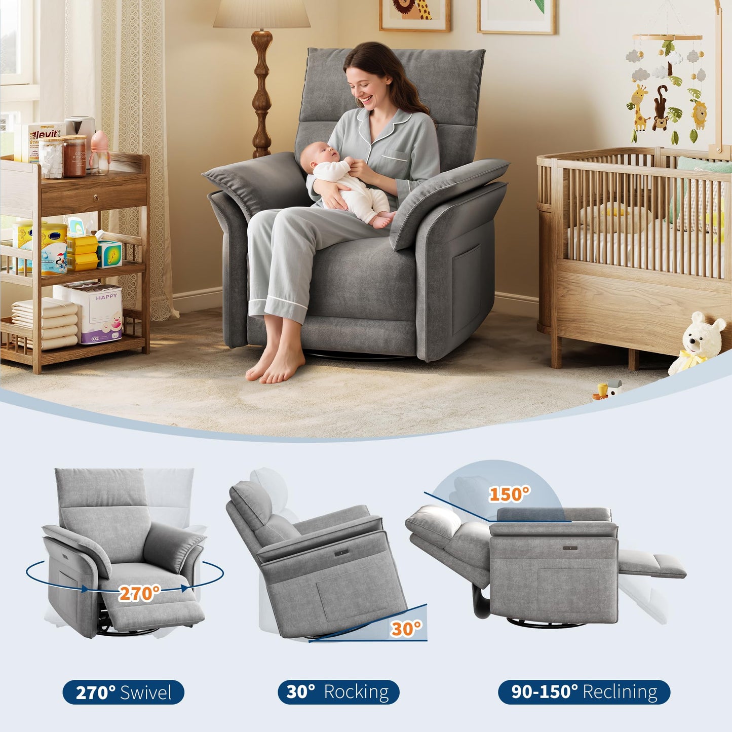 IDEALHOUSE Power Recliner Chair, 270 °Swivel Rocking Glider with USB Charging Port, Chenille Upholstered Fabric and Double-Layer Armrests, Nursery Chair for Living Room, Nursery(Gray)