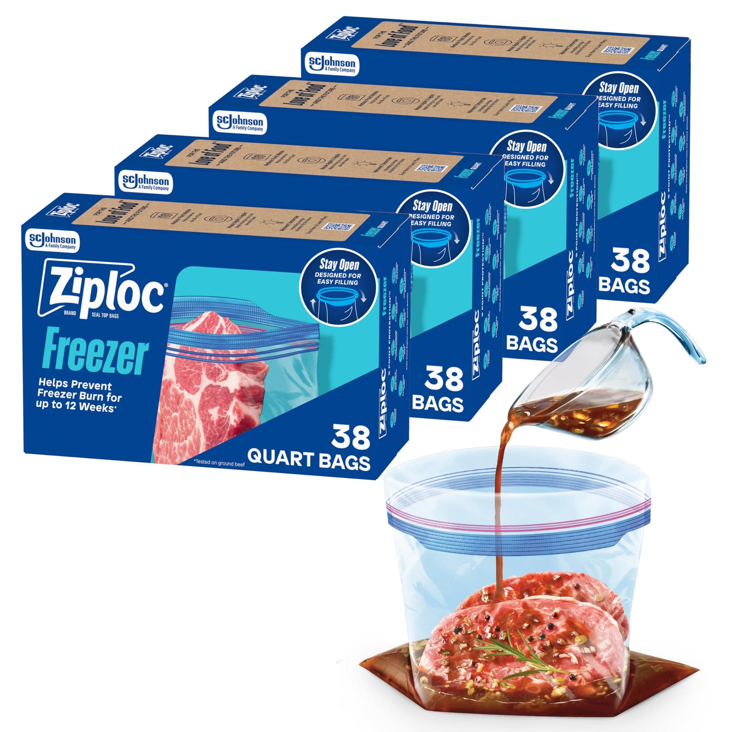 Ziploc Quart Food Storage Freezer Bags, 152ct Total, Stand-Up Bottom, Easy to Fill, 38 Count, 4 Pack