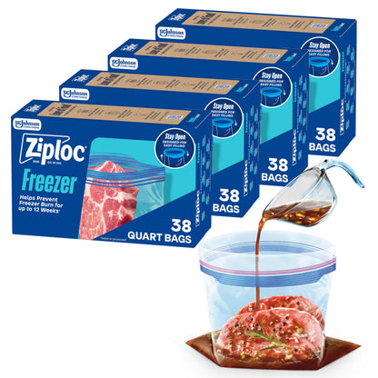 Ziploc Quart Food Storage Freezer Bags, 152ct Total, Stand-Up Bottom, Easy to Fill, 38 Count, 4 Pack