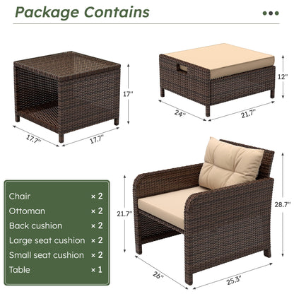 LHBcraft Outdoor Furniture 5 Piece Patio Conversation Set, PE Rattan Patio Set with Soft Cushions & Coffee Table, Outside Furniture with Hidden Ottoman for Porch, Lawn, Garden, Balcony, Brown