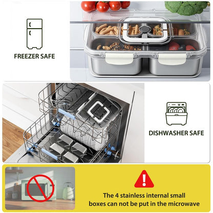 Freshmage Snackle Box Container, Stainless Steel Divided Serving Snack Tray with Lid and Handle, 4 Compartment Portable Snack Platters for Road Trip, Beach, Picnic, Ball Games, Pool and Parties