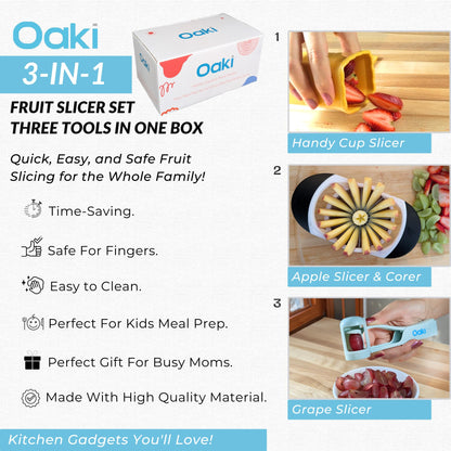 Oaki Bitty Bites Bundle | 3-in-1 Fruit Cutter Set | Apple, Grape, Strawberry Slicer & More | Precision Food Prep Slicer Set