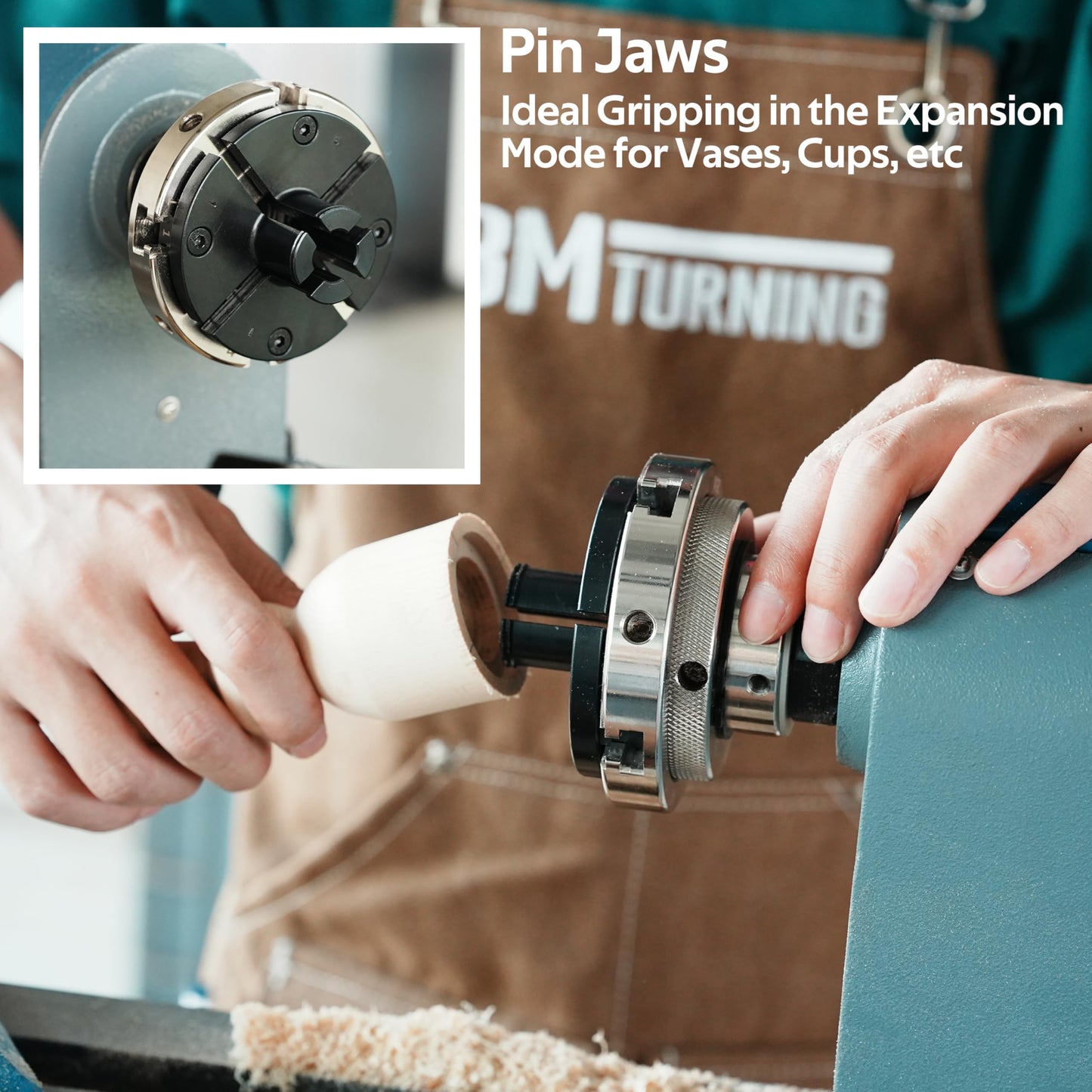 BMTURNING 4” Wood Lathe Self-Centering Chuck Set, Dovetail Jaws, Pin Jaws, Step Jaws, Wide Jaws, 5" Flat Jaws, Wood Screw, 1"x8TPI Thread, adaptor to 3/4"x16TPI, with Nickle electric Coating.