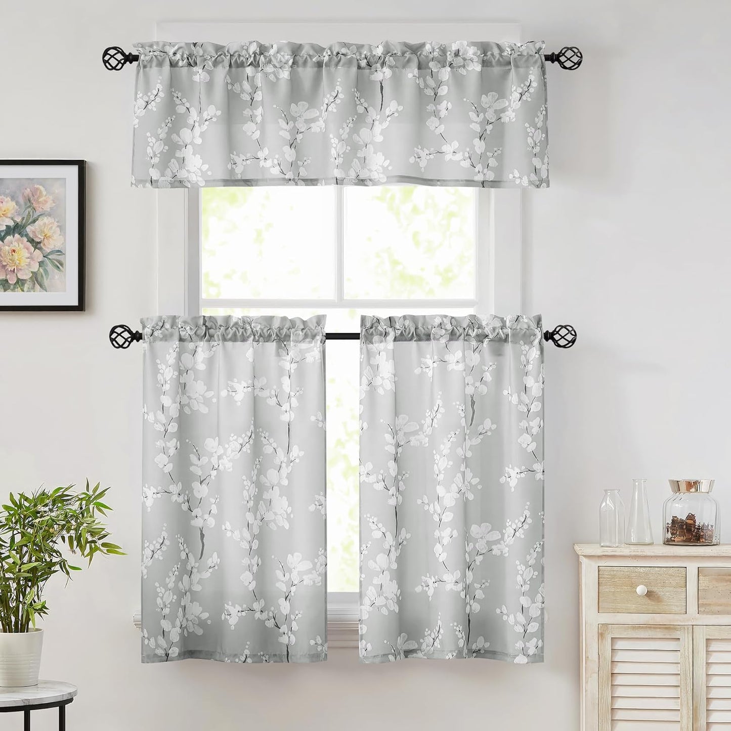 FMFUNCTEX Gray White Floral Printed Bathroom Tier Curtains, 36 Inches Long, 2 Panels Set for Kitchen, Living Room,