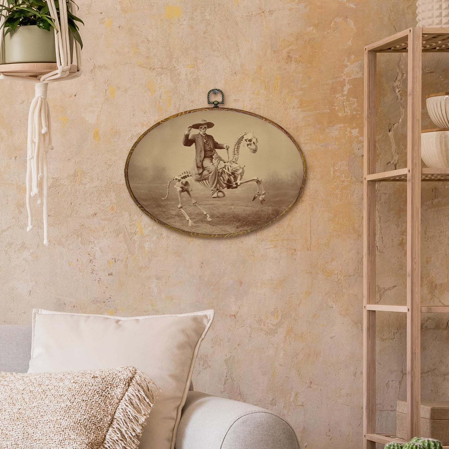 kdqua Funny Western Cowboy Skeleton Oval Wall Art Decor, Western Canvas Artwork Framed, Rustic Spooky Skeleton Skull Wall Hanging Decorations for Home Living Room Bedroom, 11.4x8.6 Inch