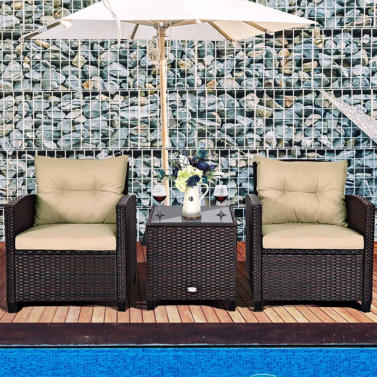 AUGESTER 3 PCS Patio Furniture Set, Outdoor PE Rattan Wicker Conversation Sofa Set w/Washable Cushion and Tempered Glass Tabletop, All Weather Chat Sofa for Garden Poolside Balcony Porch (Beige)