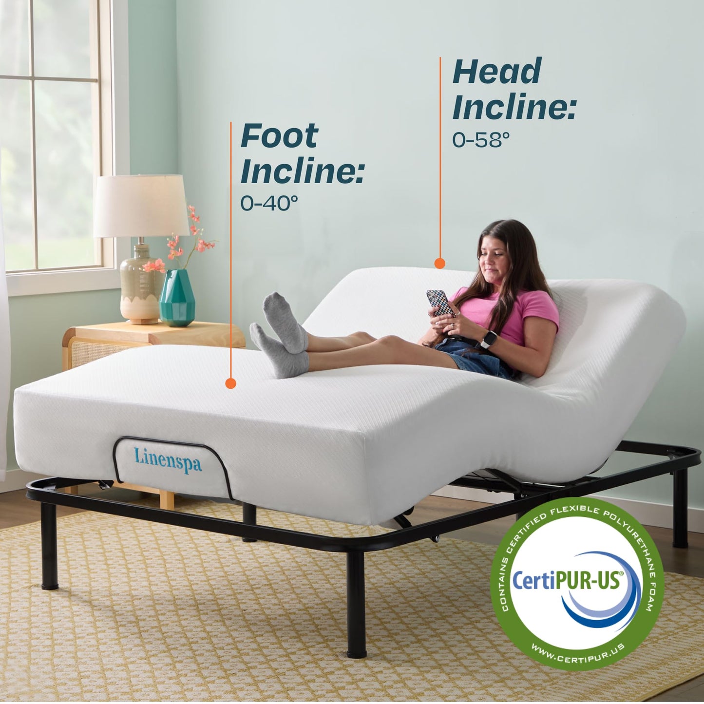 Linenspa Adjustable Bed Frame - Independent Head and Foot Incline - Powerful Quiet Motor - Easy Toolless Assembly - Lounging - Watch TV - Working - Reading - Ergonomic - Electric Bed Base - Full Size