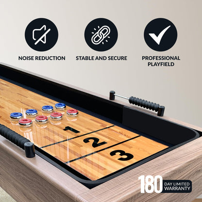 Hathaway Excalibur 9-Ft Shuffleboard Table for Great for Family Recreation Game Rooms, Designed with a Rustic Driftwood Finish with Built-In Leg Levelers, Includes 8 Pucks, Table Brush and Wax