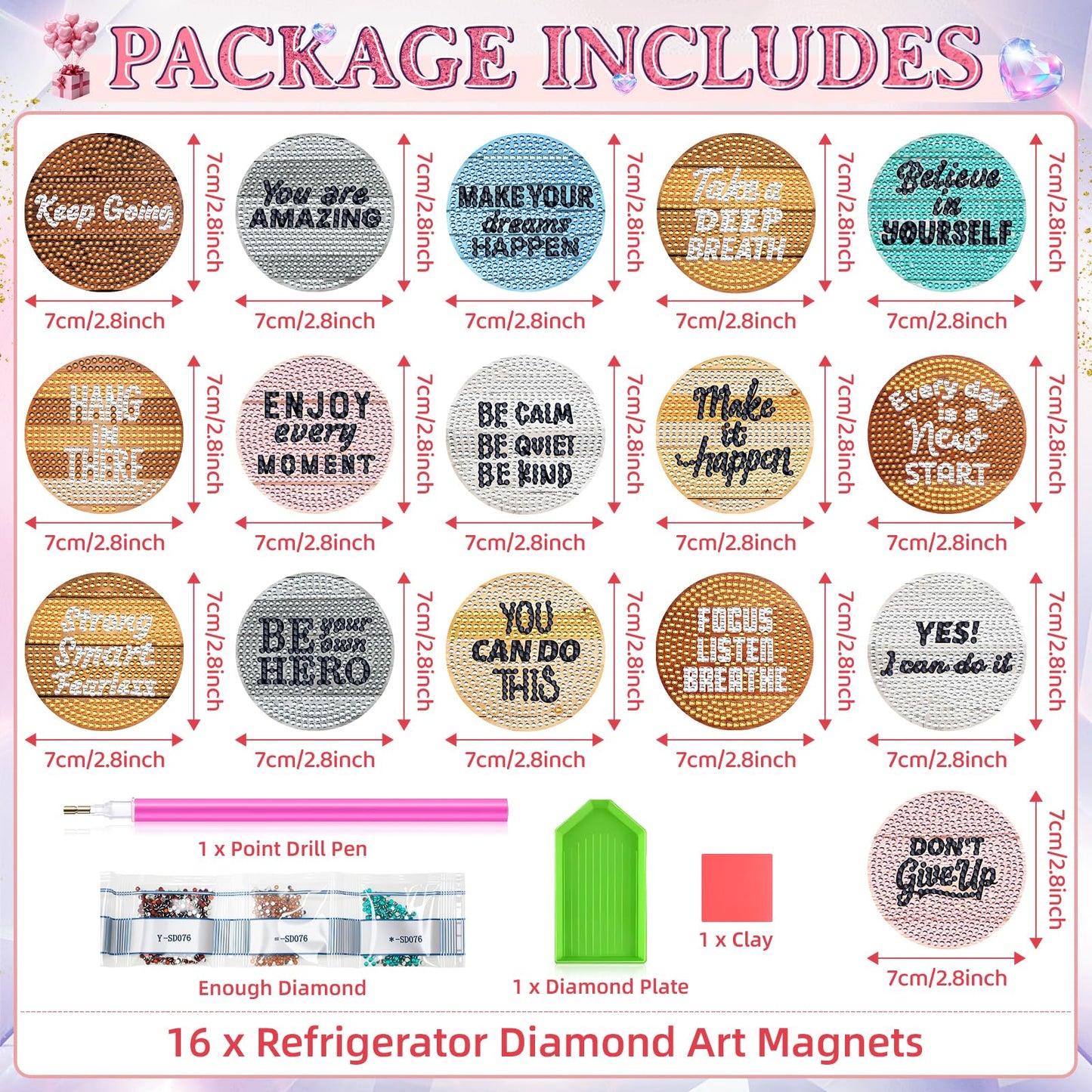 Saysurey 16 Pcs Diamond Art Magnet Kits Diamond Painting Magnets DIY for Adults Crafts Refrigerator Painting Stickers Kits for Gifts Home Decor(Inspirational)