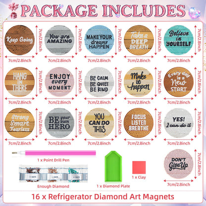 Saysurey 16 Pcs Diamond Art Magnet Kits Diamond Painting Magnets DIY for Adults Crafts Refrigerator Painting Stickers Kits for Gifts Home Decor(Inspirational)