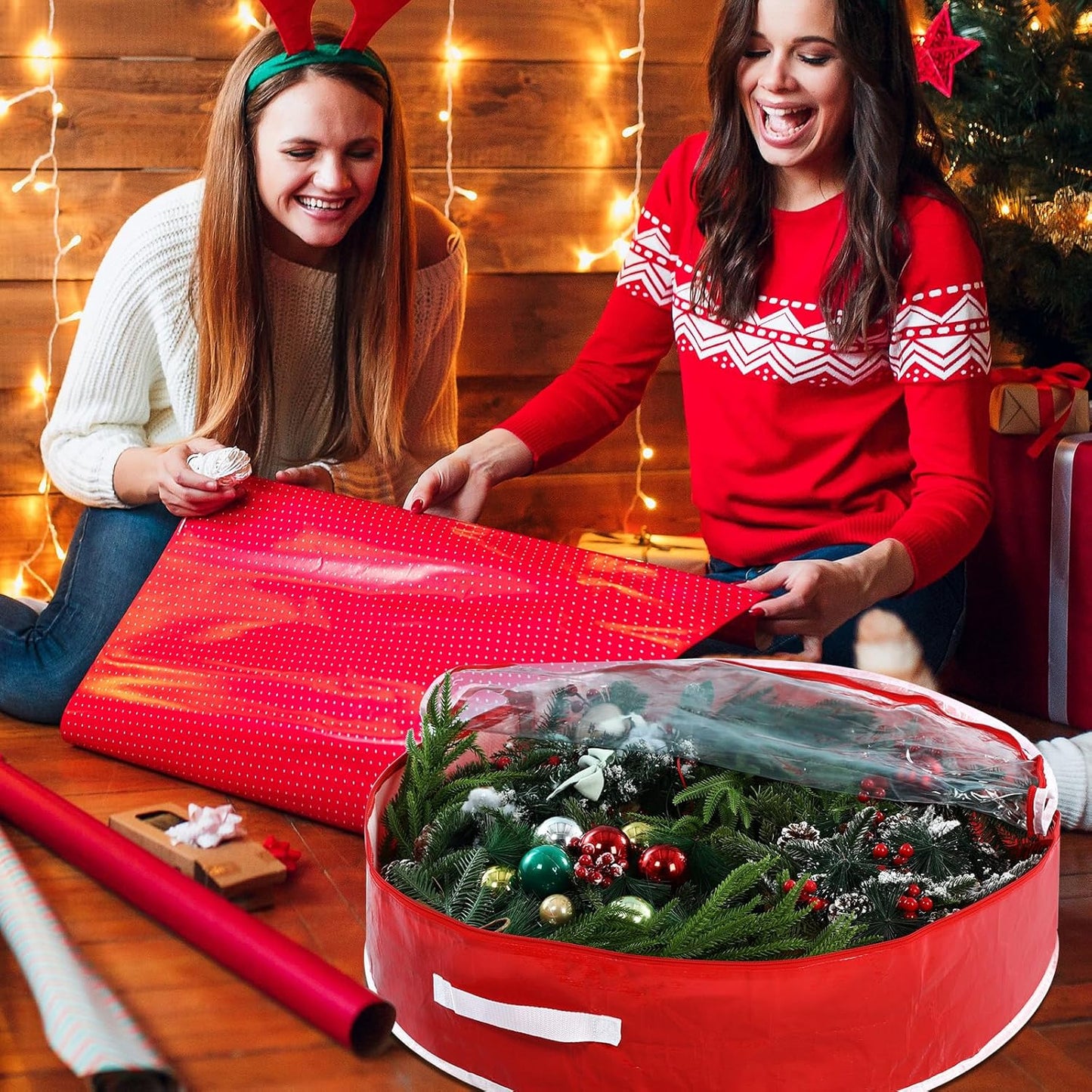 Regine Switzerland Christmas Wreath Storage Bag - 30 Inch Clear Window Design with Dual Zipper Handle | Red & White Peppermint Garland Organizer