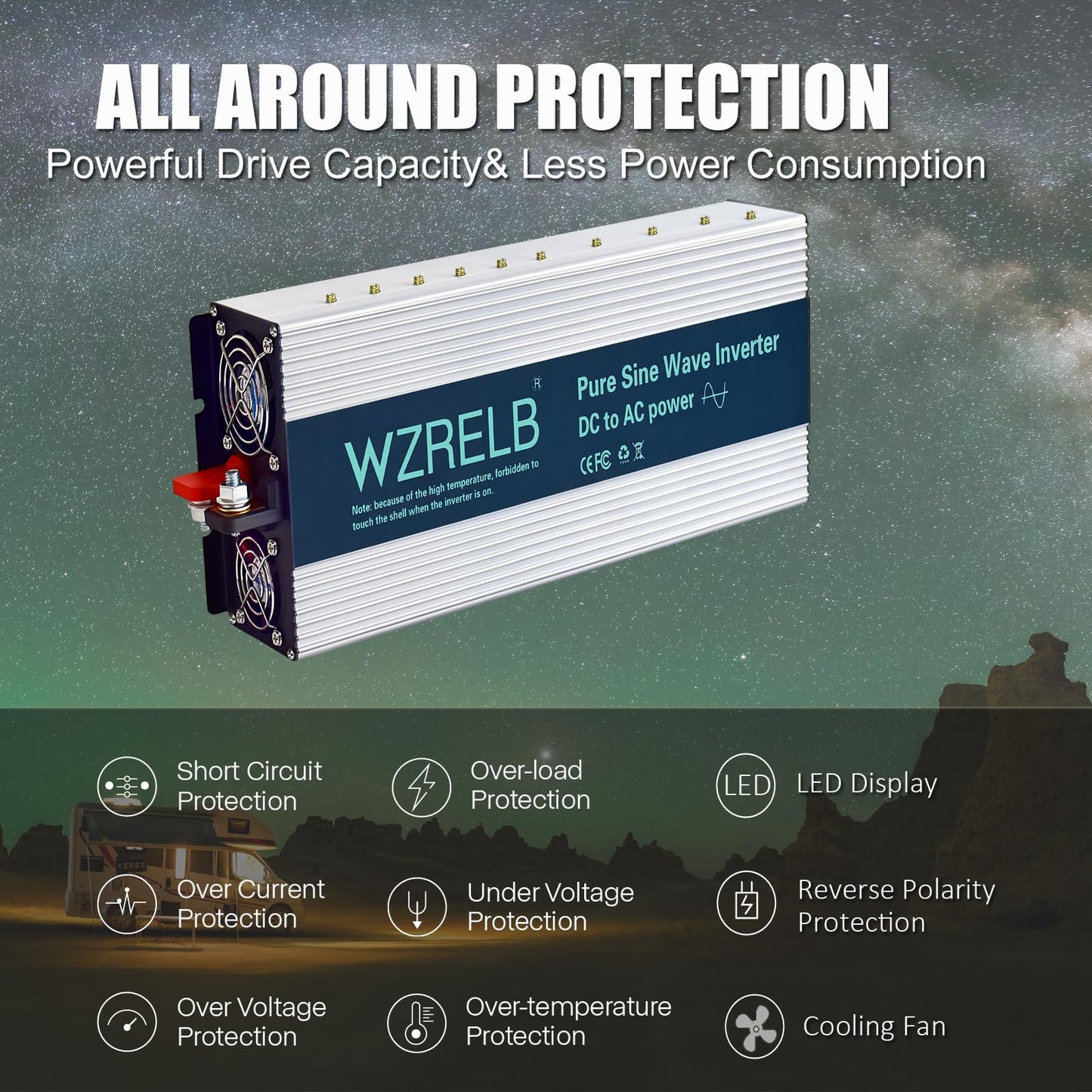 WZRELB 4000W Pure Sine Wave Inverter 24V DC to 110V 120V AC Power Converter with LED Display, Hardwire Terminal,Off-Grid Portable Power Inverter with Dual AC Outlets for Home, RV, Truck, Camping