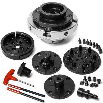 BMTURNING 4” Wood Lathe Self-Centering Chuck Set, Dovetail Jaws, Pin Jaws, Step Jaws, Wide Jaws, 5" Flat Jaws, Wood Screw, 1"x8TPI Thread, adaptor to 3/4"x16TPI, with Nickle electric Coating.