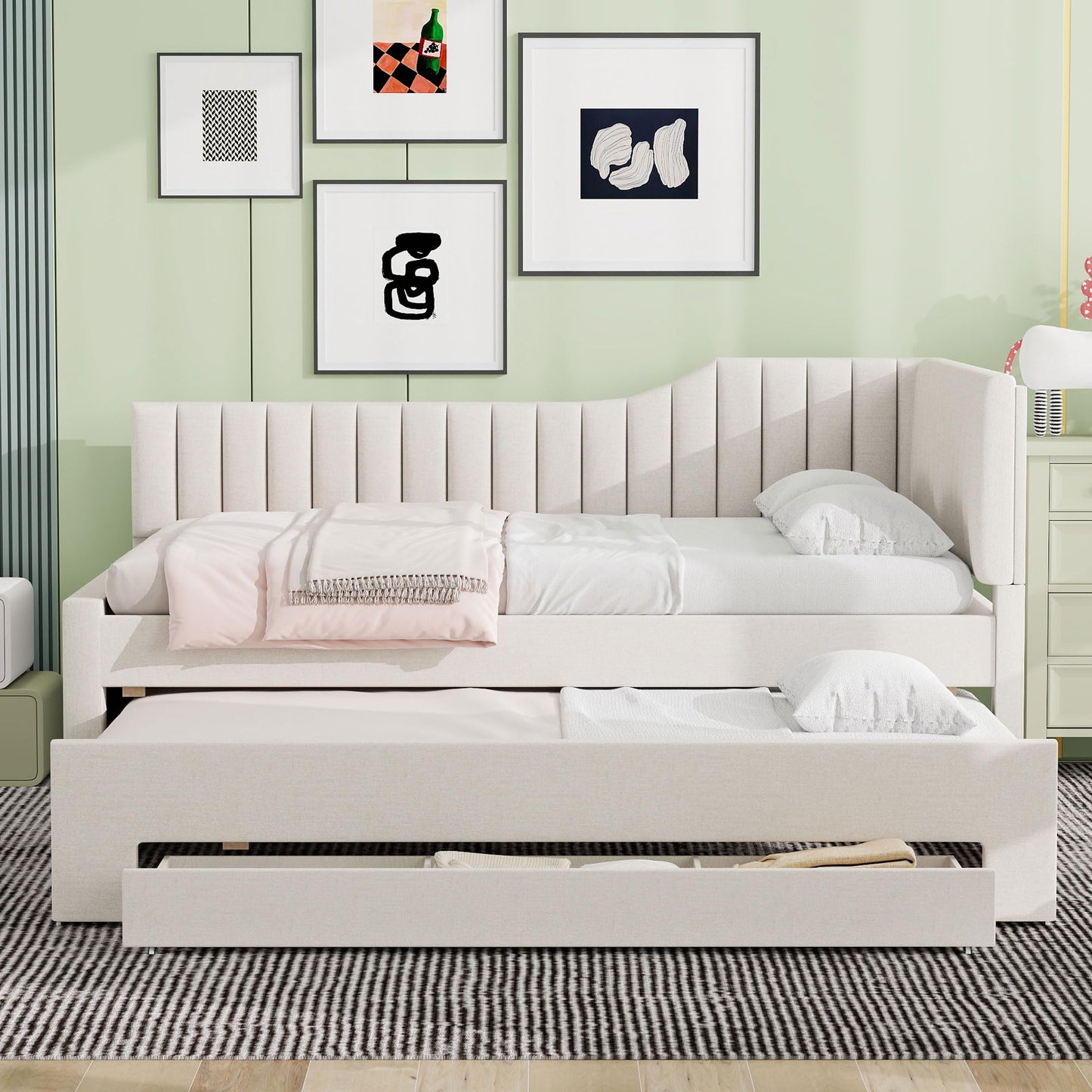 Merax Full Size Upholstered Wood Daybed Extendable Sofa Bed with Trundle and Three Storage Drawers for Living Room Guest Room, Beige