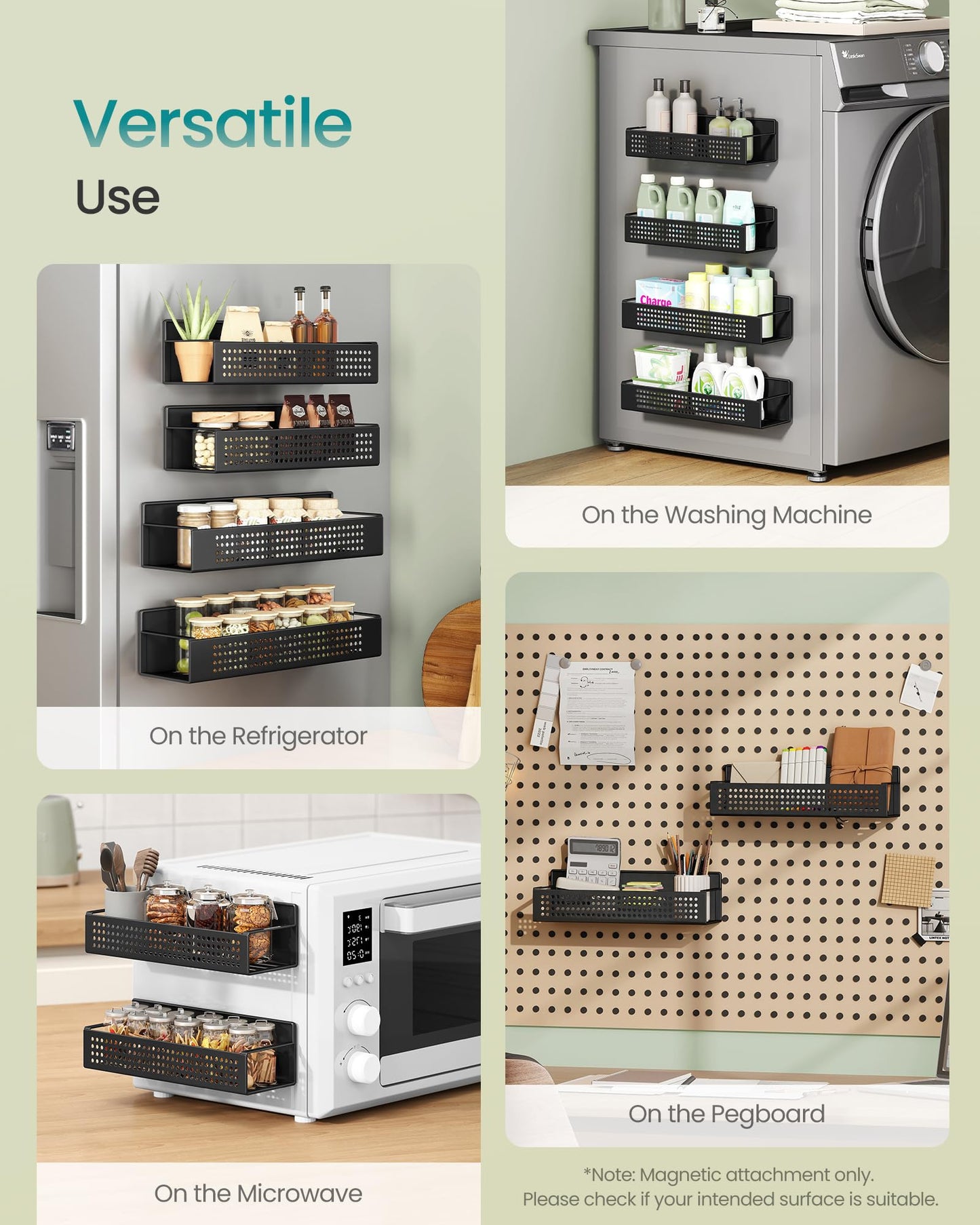 SONGMICS Strong Magnetic Spice Rack for Refrigerator, Set of 4, 2 Large and 2 Small Kichen Magnetic Shelves for Microwave, Washing Machine, Spice Organizers, No Drilling Needed, Ink Black UKCS061B01
