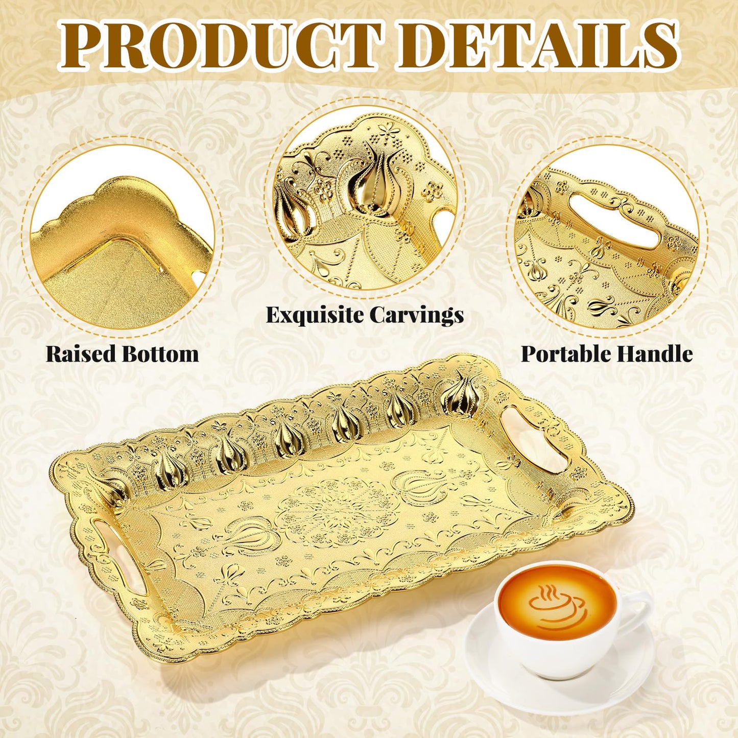 LemonRoad 6 Packs Plastic Gold Serving Trays with Handles 17 x 11 inch Retro 3D Embossed Rectangle Reusable Party Snack Decorative Serving Trays for Tea Coffee Fruit Dessert