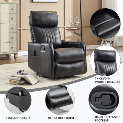 KEIKI 4-in-1 Manual Swivel Rocker Recliner Chair for Living Room, Faux Leather Nursery Glider Rocking Chairs with Back Massager & Heat, Tailored for Quiet Afternoon Tea Relaxation Moments, Black
