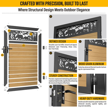 Brukid 4x5 FT Aluminum Fence Gate Kit Wood Grain Aluminum Gate with Decorative Cutout, Lock & Hinges, Left/Right Opening, Weather Resistant for Yard Garden Patio