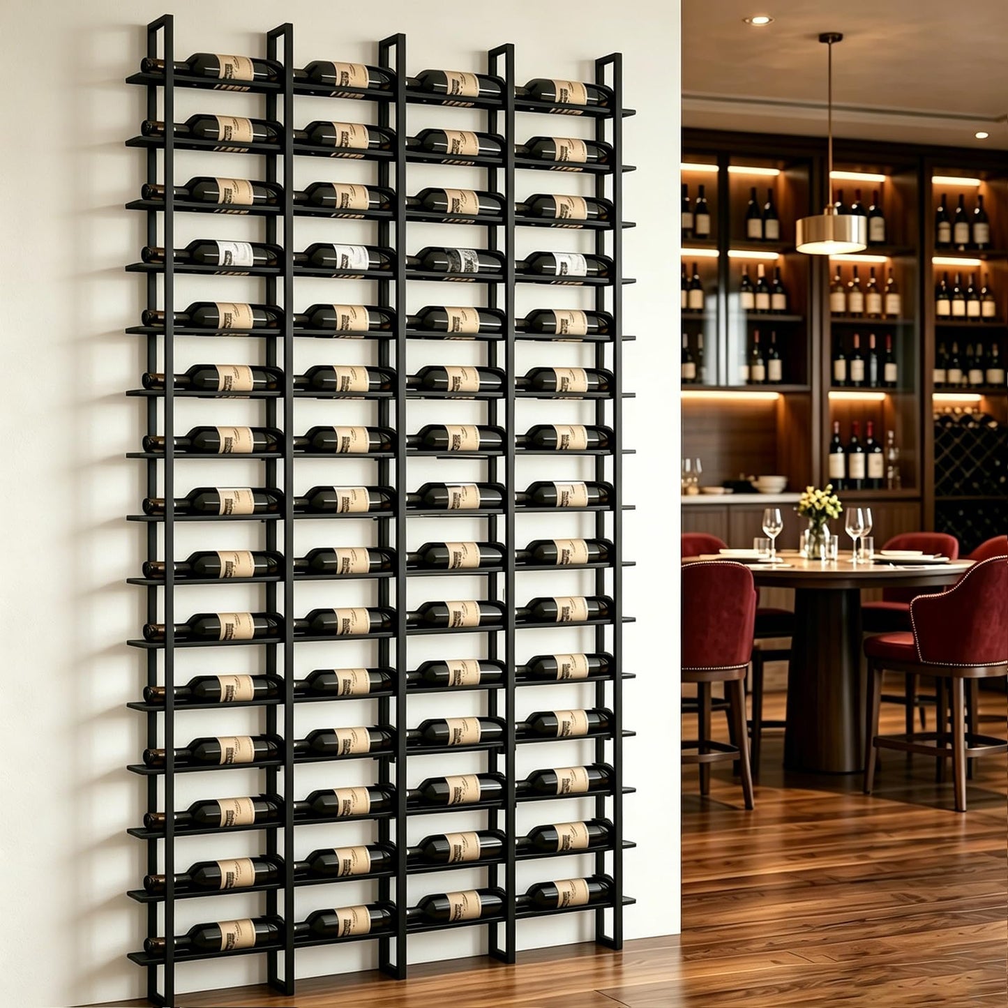 RAJYQODIS Large Wall Mount Wine Rack, 16 Tier 64 Bottle Wine Storage Organizer Display Holder, Metal Liquor Display for Wine Cellars, Home Bars, Kitchens, and Dining Rooms (Black, 64 Bottles)