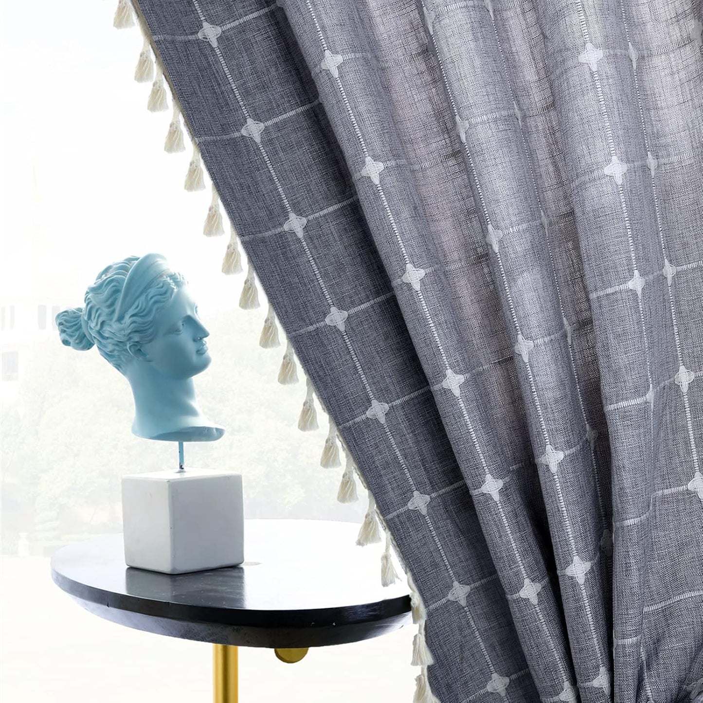 YoKii Boho Kitchen Curtains 36 Inch Length, Modern Farmhouse Cotton Linen Short Window Panel with Gingham Tassel